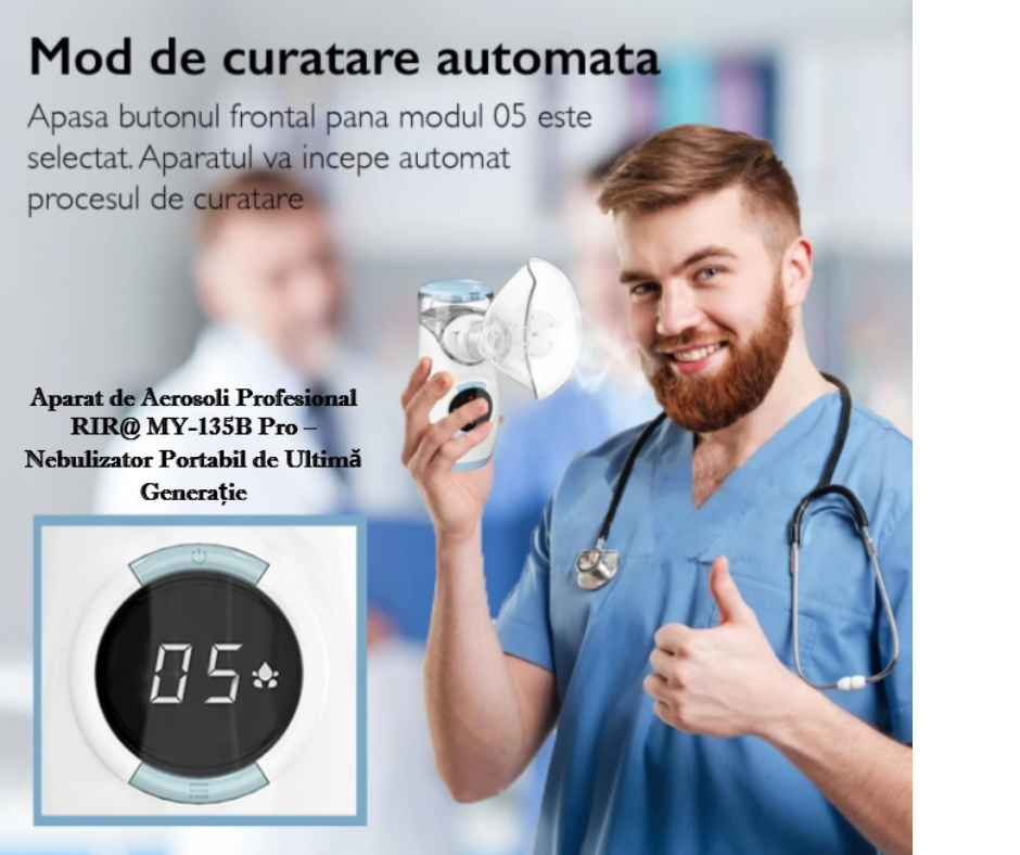 Aparat de Aerosoli Profesional RIR@ MY-135B Pro – Nebulizator cu Tehnologie Mesh Ultrasonica, Validat Clinic- Astm, Bronsita, Alergii