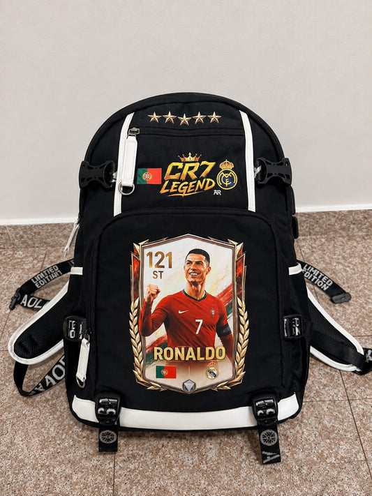 Ghiozdan Scoala si Antrenament RirBob® CR7 Ronaldo Legend, Port USB, Spate Ergonomic, Compartimente Multiple, 45x30x15 cm, Negru