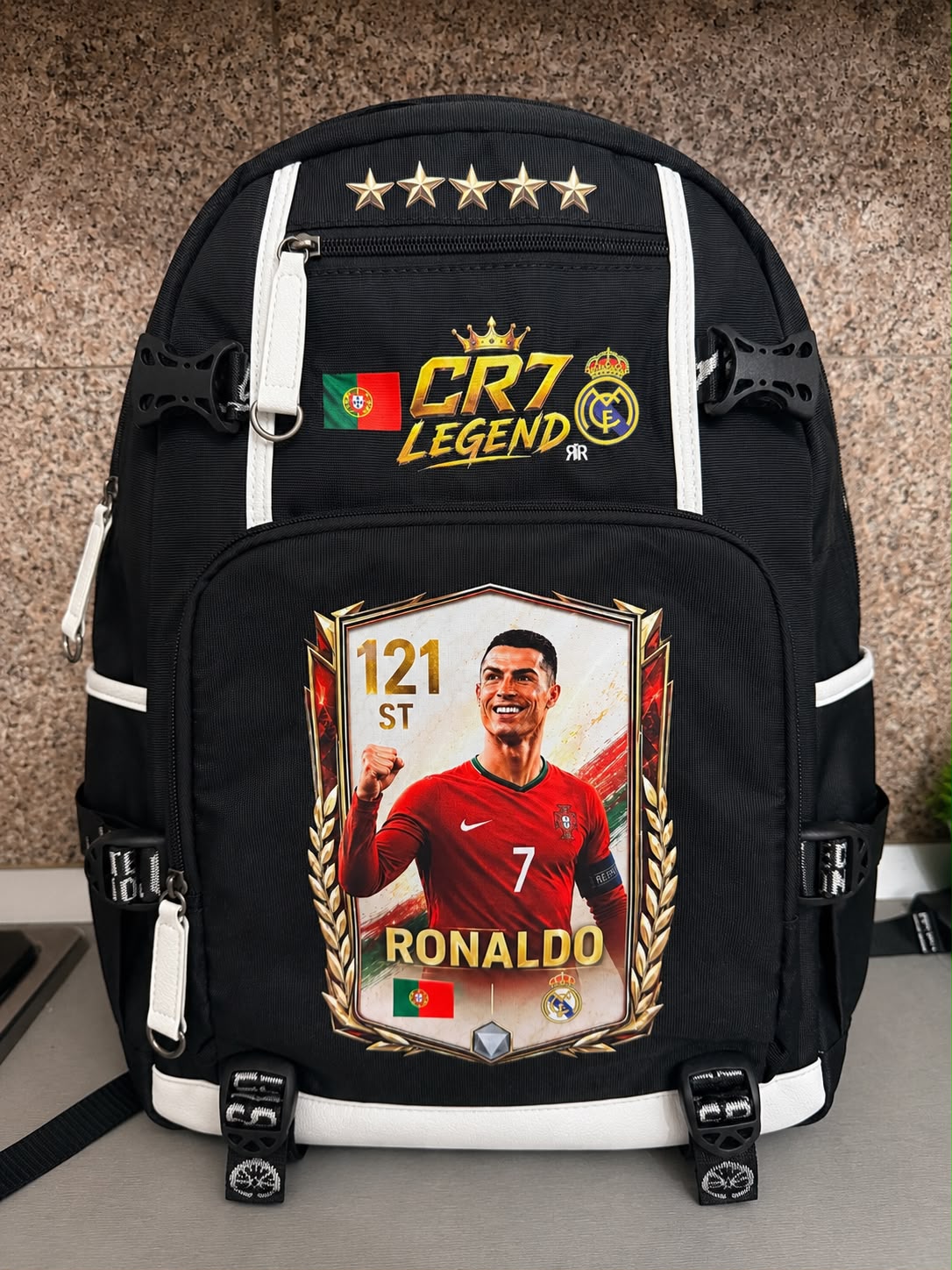 Ghiozdan Scoala si Antrenament RirBob® CR7 Ronaldo Legend, Port USB, Spate Ergonomic, Compartimente Multiple, 45x30x15 cm, Negru