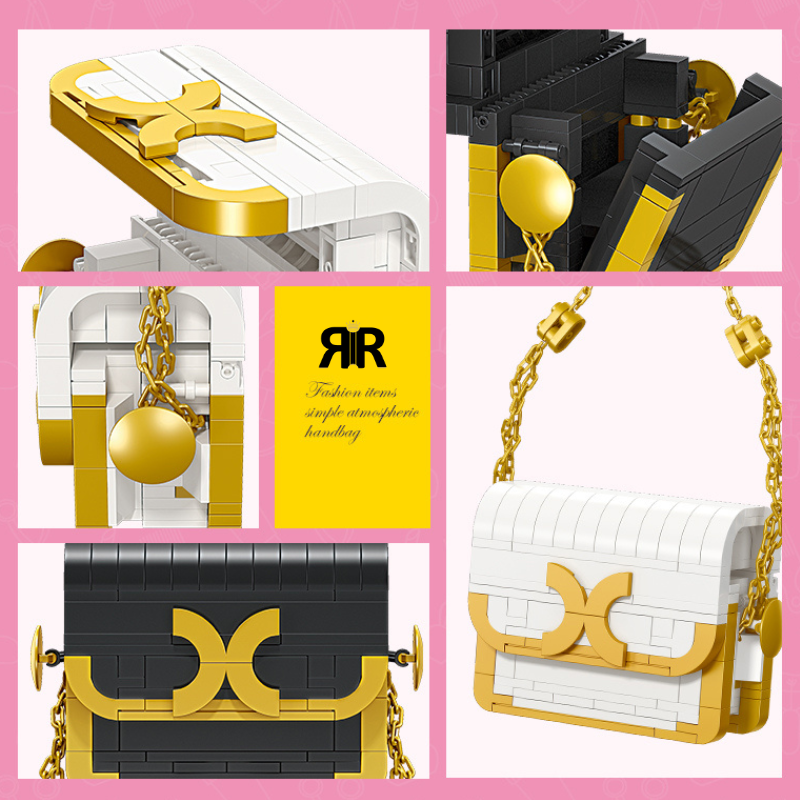 Set blocuri de constructie RIR®, Poseta Fashion alba cu accesorii aurii, 196 piese