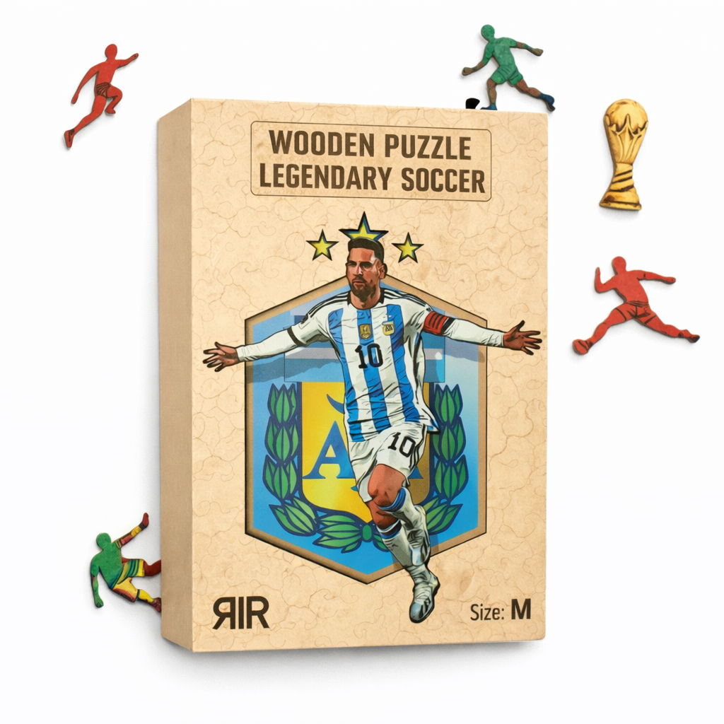 Puzzle 3D din lemn Lionel Messi – Argentina, Legenda fotbal by RIR@, 2-in-1 – Puzzle & Tablou Decorativ