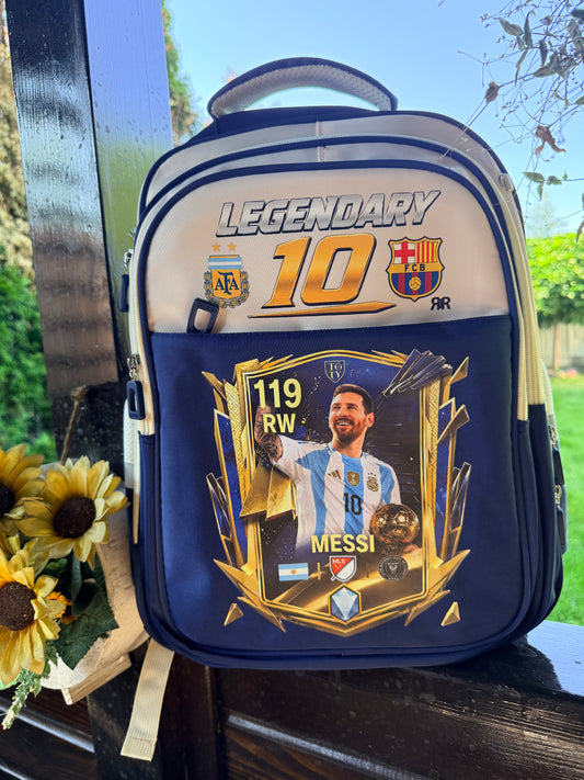 Ghiozdan Școlar Premium RirBob® Messi Legendary 10 Football, Ergonomic, Impermeabil, 3 Compartimente, Bretele Buretate, 42 x 32 x 18 cm, Albastru/Crem