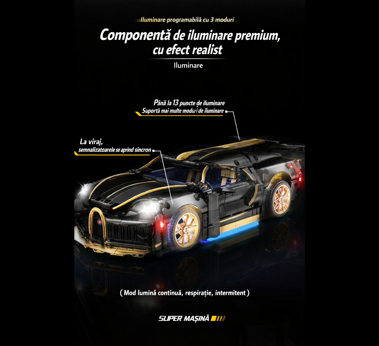 Masina Bugatti din Blocuri de Constructie – RIR@, 1368 Piese, 35 cm, LED, Aplicatie mobila & Telecomanda, 6+