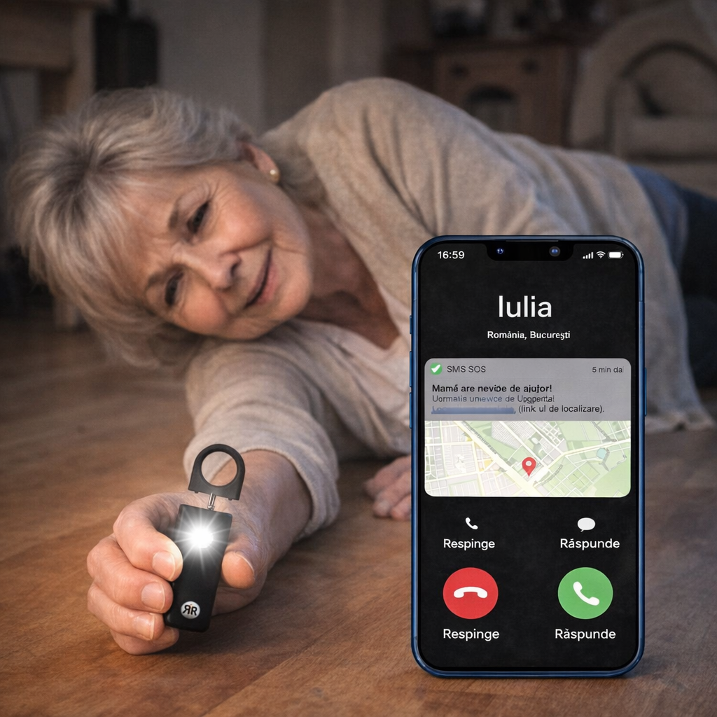 Alarma personala de siguranta RIR, 130 dB, apel automat, localizare GPS, Bluetooth, Copii, Adulti si Varstnici