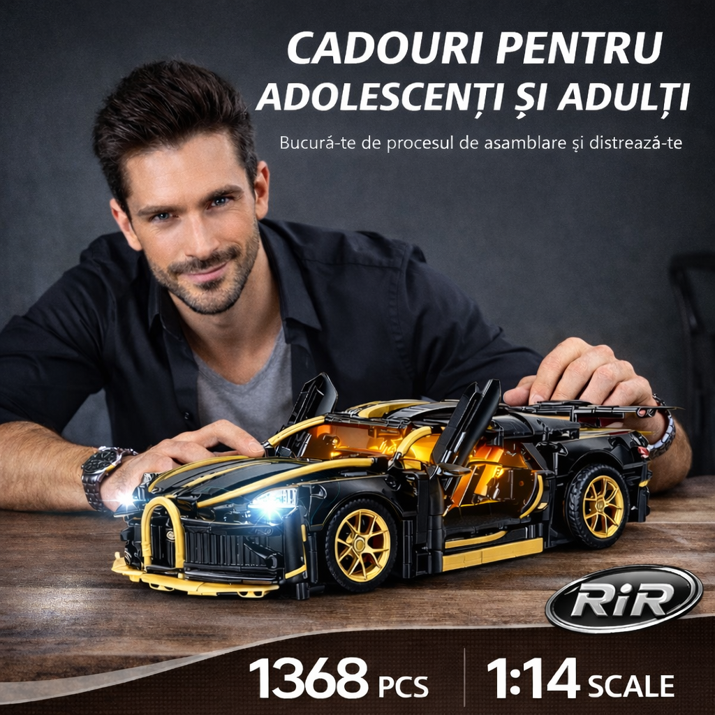 Masina Bugatti din Blocuri de Constructie – RIR@, 1368 Piese, 35 cm, LED, Aplicatie mobila & Telecomanda, 6+