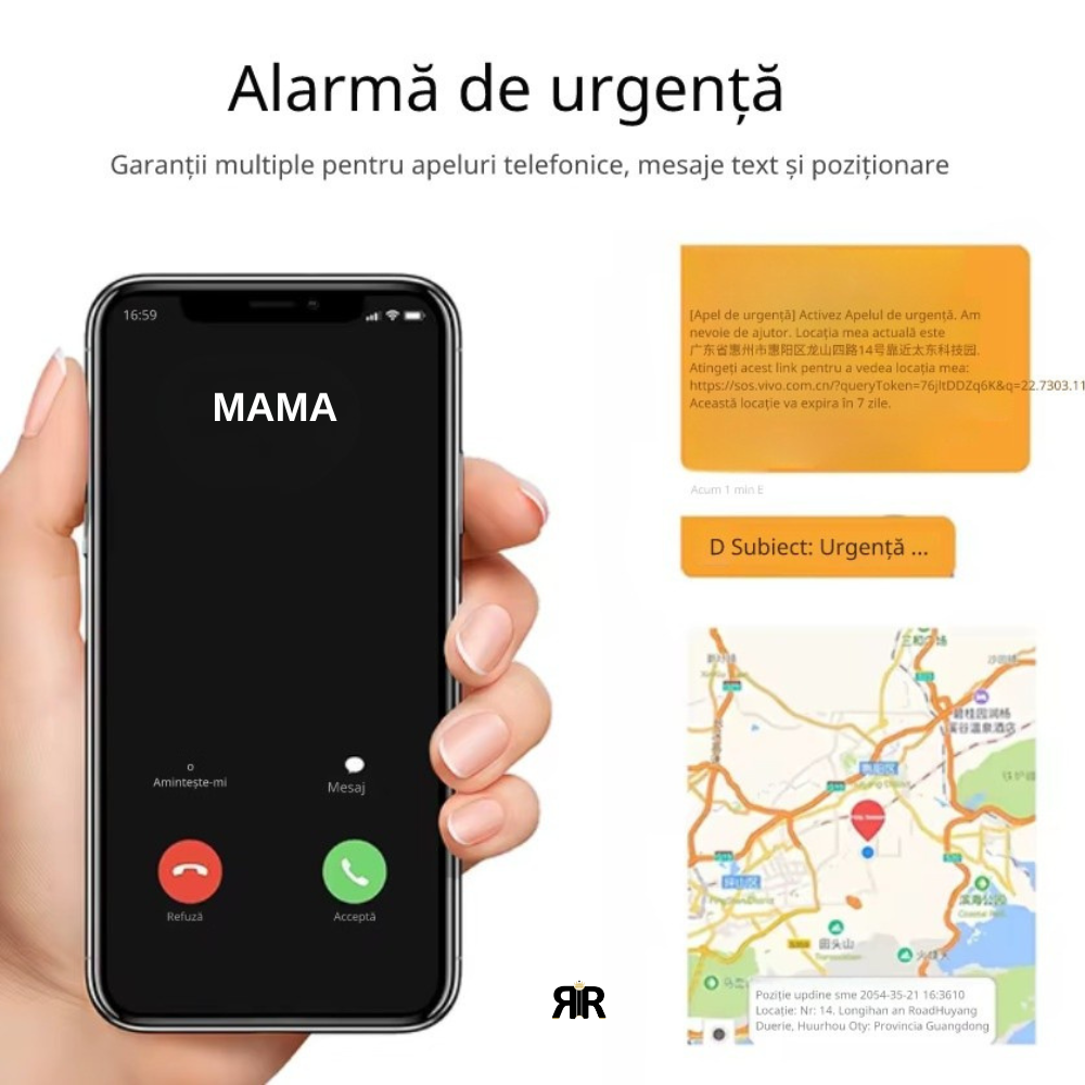 Alarma personala de siguranta RIR, 130 dB, apel automat, localizare GPS, Bluetooth, Copii, Adulti si Varstnici