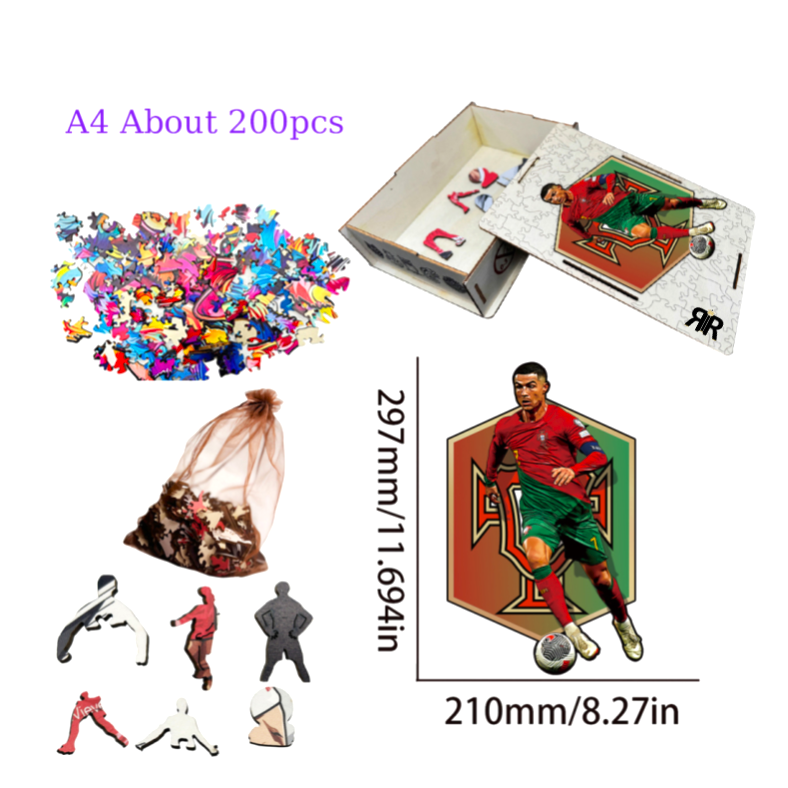 Puzzle 3D din lemn RIR Cristiano Ronaldo, 200 piese, 21x29,7cm