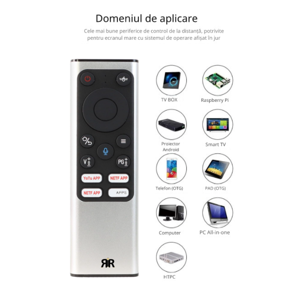 Telecomanda, Air Mouse Wireless RIR X9 cu Tastatură QWERTY pe Spate, Control Cursor Tip Mouse, Bluetooth + 2.4GHz USB, Compatibil Android TV, Smart TV, PC, Laptop