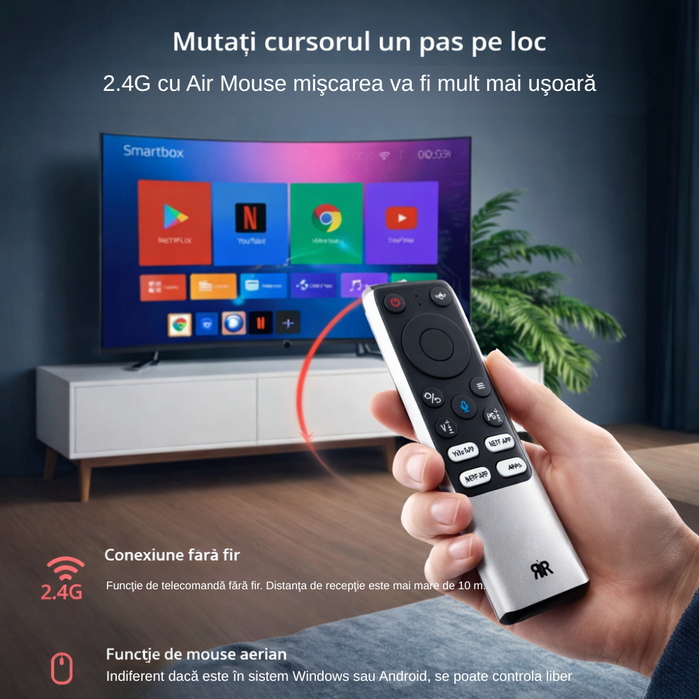 Telecomanda, Air Mouse Wireless RIR X9 cu Tastatură QWERTY pe Spate, Control Cursor Tip Mouse, Bluetooth + 2.4GHz USB, Compatibil Android TV, Smart TV, PC, Laptop