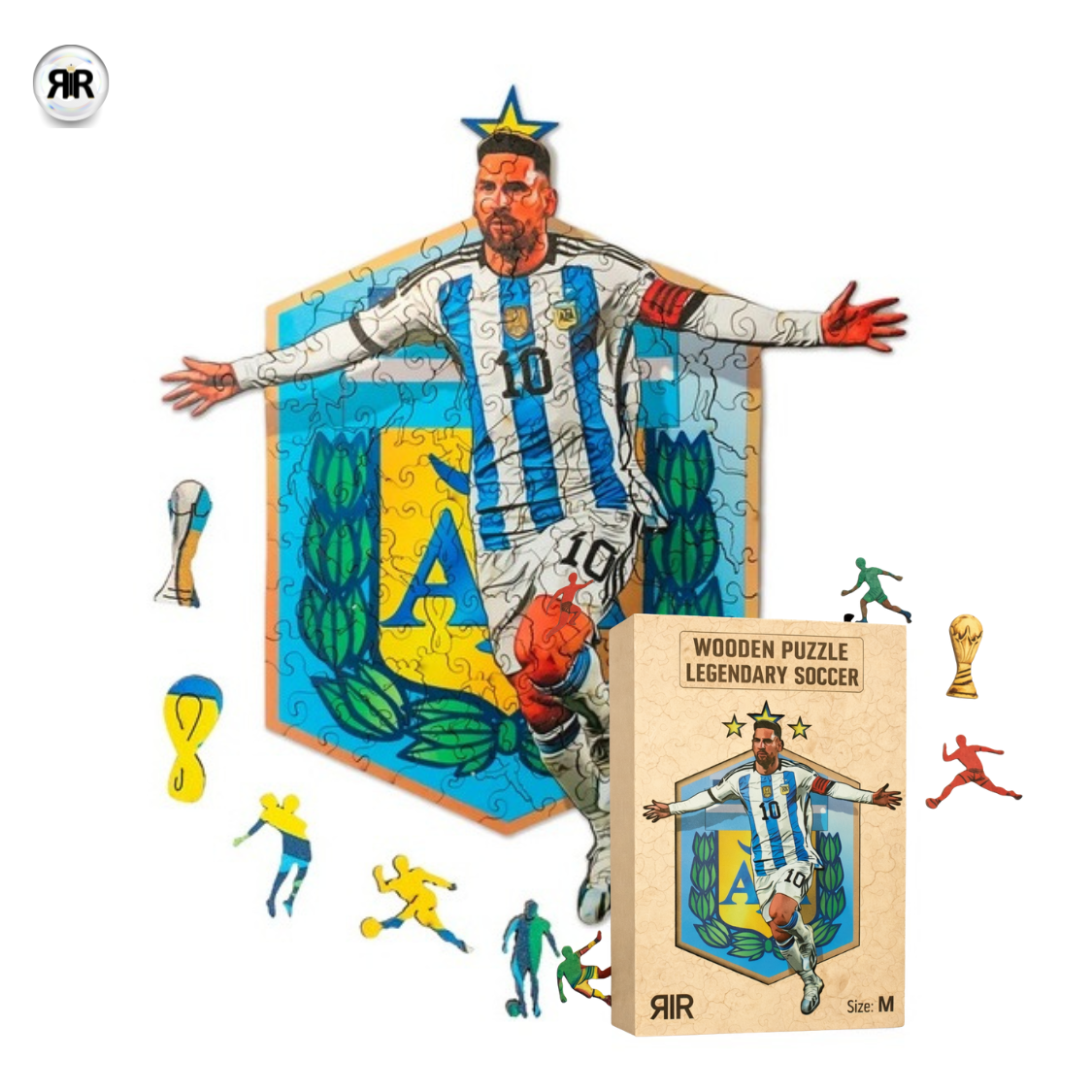 Puzzle 3D din lemn Lionel Messi – Argentina, Legenda fotbal by RIR@, 2-in-1 – Puzzle & Tablou Decorativ