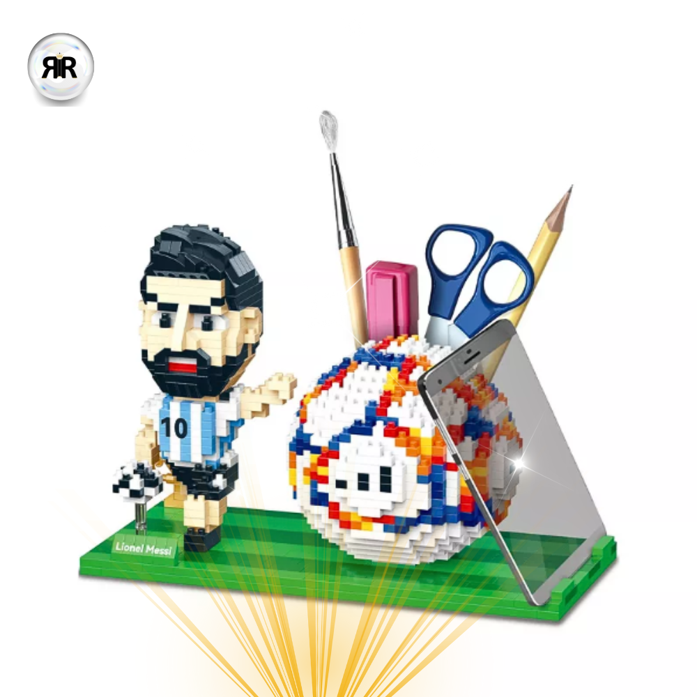 Set de constructie 3D Legenda Fotbalului Mondial by RIR@, suport pixuri si telefon, 1300 piese, 11x18x8cm