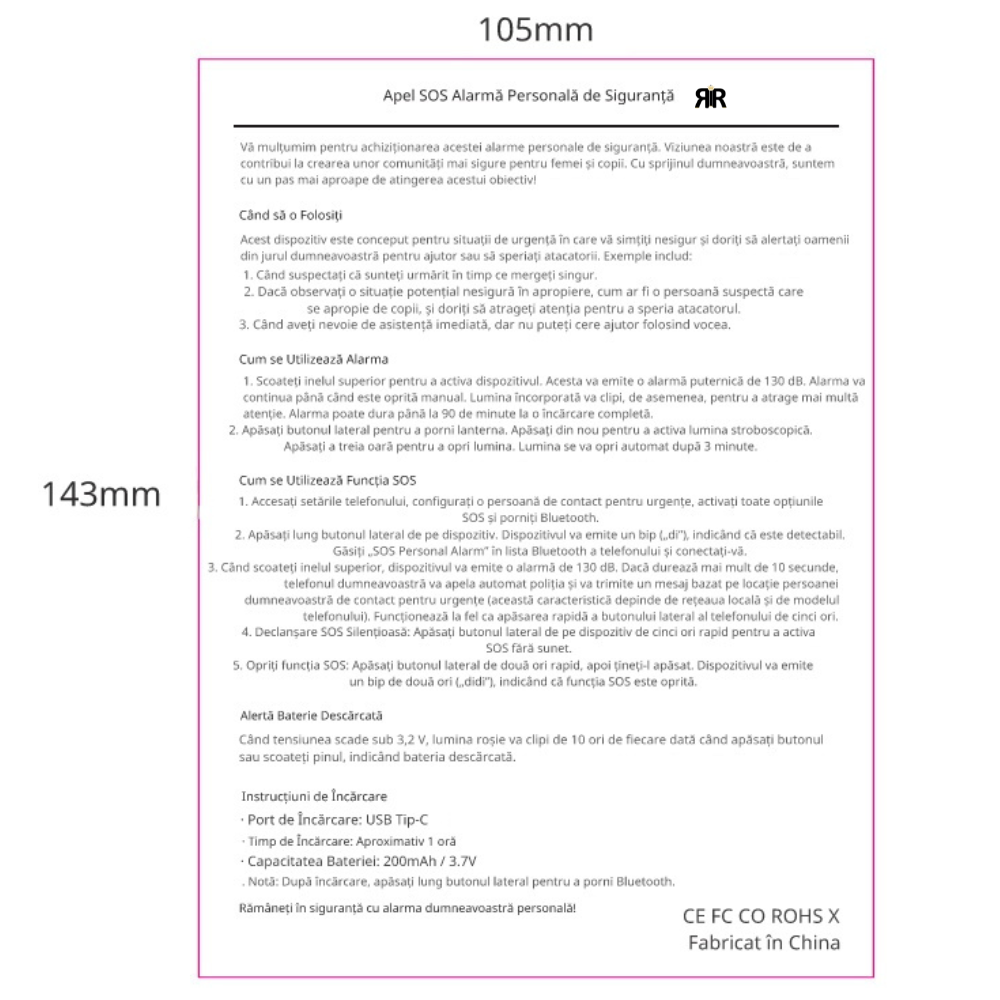Alarma personala de siguranta RIR, 130 dB, apel automat, localizare GPS, Bluetooth, Copii, Adulti si Varstnici