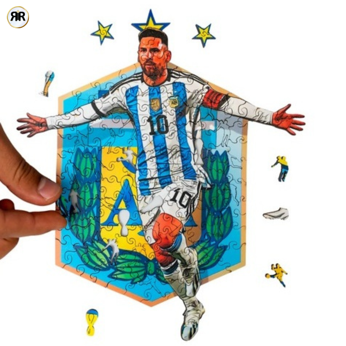 Puzzle 3D din lemn Lionel Messi – Argentina, Legenda fotbal by RIR@, 2-in-1 – Puzzle & Tablou Decorativ
