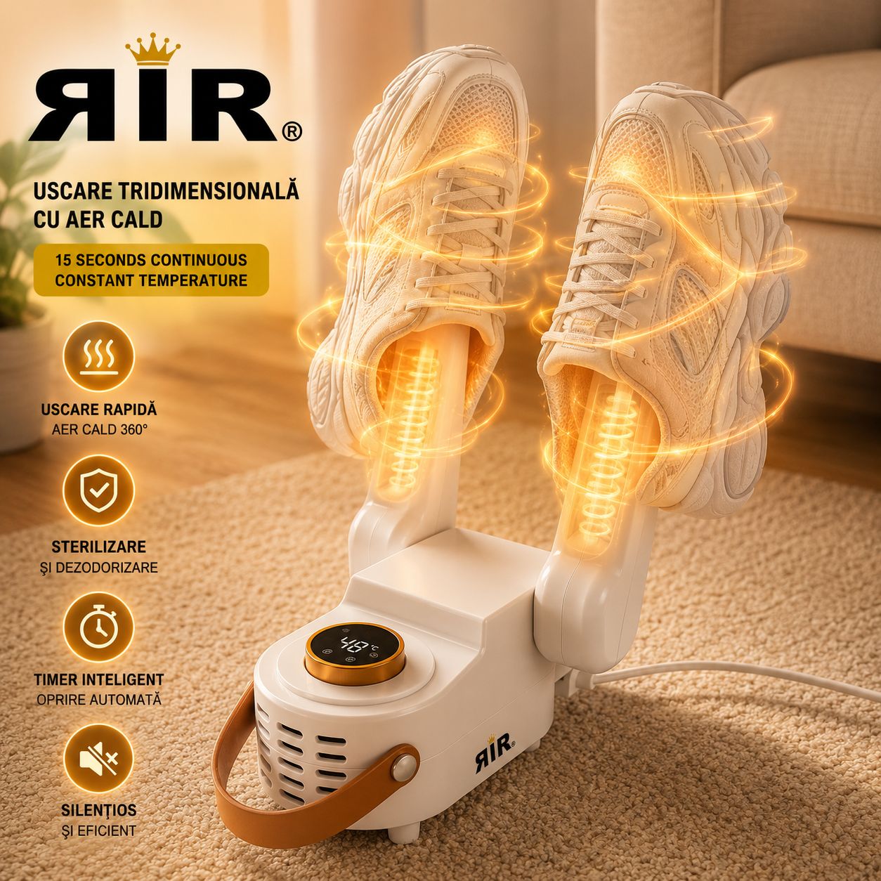 Uscător Electric pentru Pantofi RirBob™ cu Sterilizare și Eliminare Mirosuri, Aer Cald 360°, Timer Inteligent, 150W