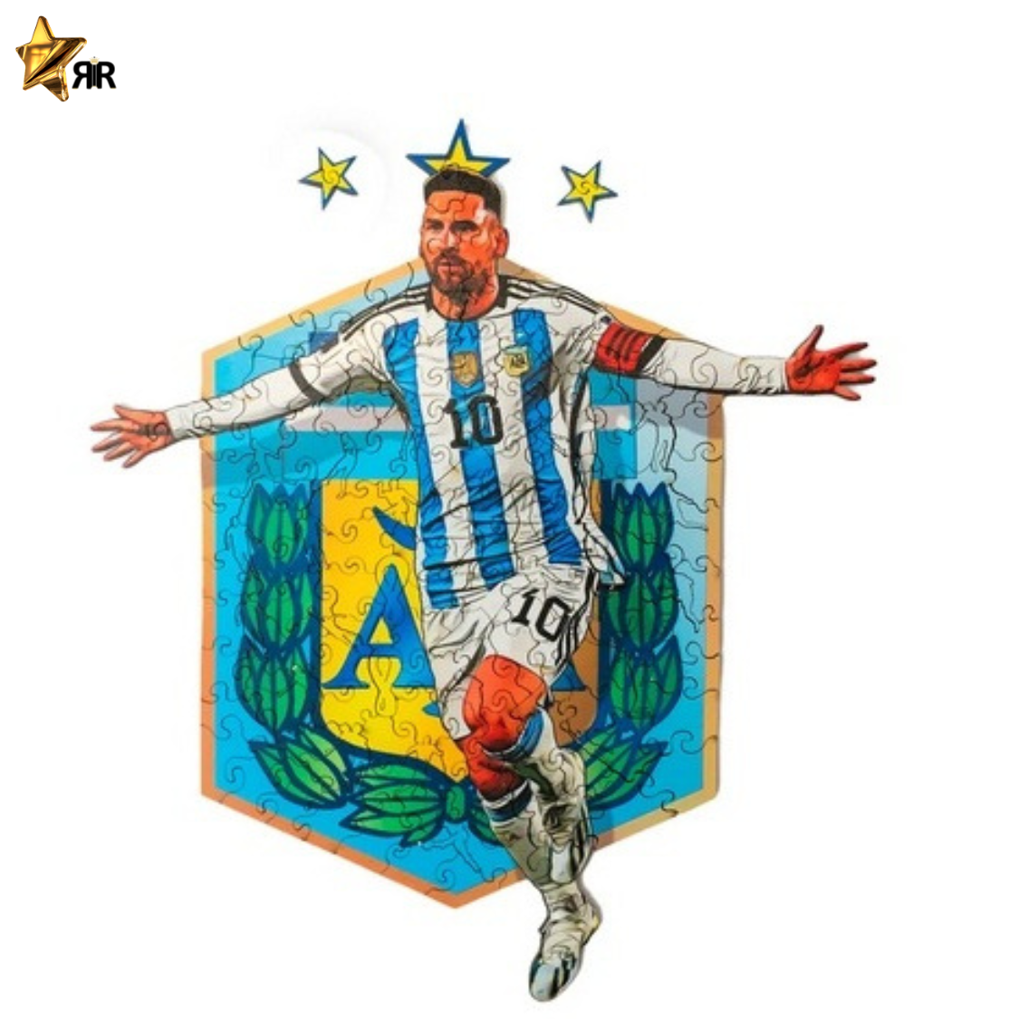 Puzzle 3D din lemn Lionel Messi – Argentina, Legenda fotbal by RIR@, 2-in-1 – Puzzle & Tablou Decorativ
