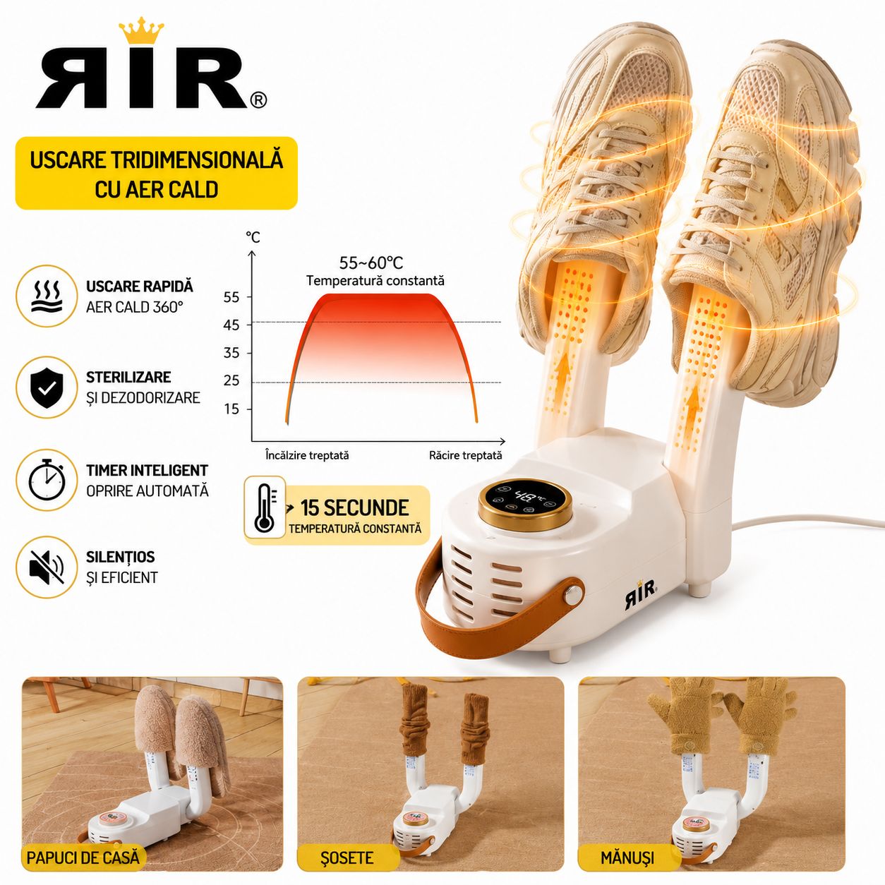 Uscător Electric pentru Pantofi RirBob™ cu Sterilizare și Eliminare Mirosuri, Aer Cald 360°, Timer Inteligent, 150W