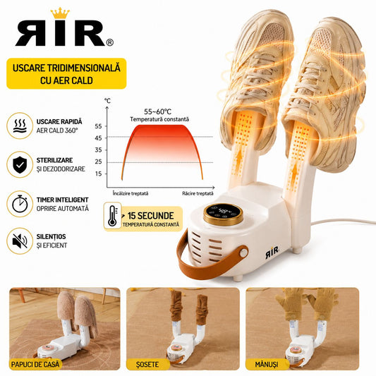 Uscător Electric pentru Pantofi RIR SMART™ cu Sterilizare și Eliminare Mirosuri, Aer Cald 360°, Timer Inteligent, 150W