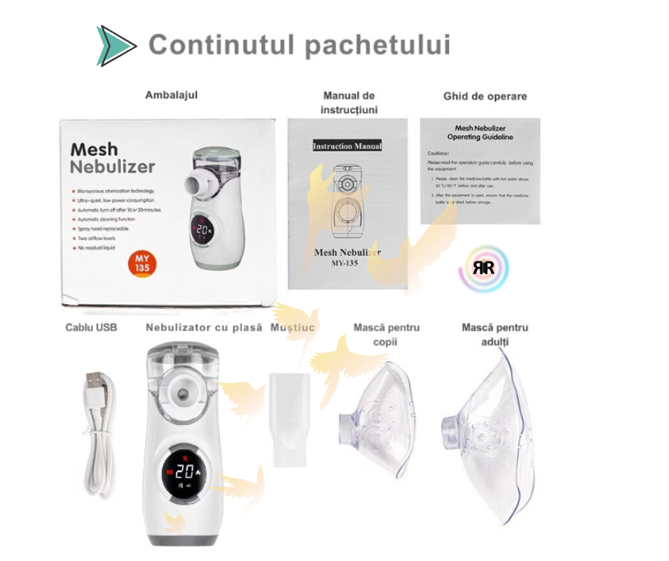 Aparat de Aerosoli Profesional RIR@ MY-135B Pro – Nebulizator cu Tehnologie Mesh Ultrasonica, Validat Clinic- Astm, Bronsita, Alergii