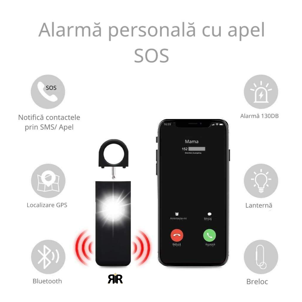 Alarma personala de siguranta RIR, 130 dB, apel automat, localizare GPS, Bluetooth, Copii, Adulti si Varstnici