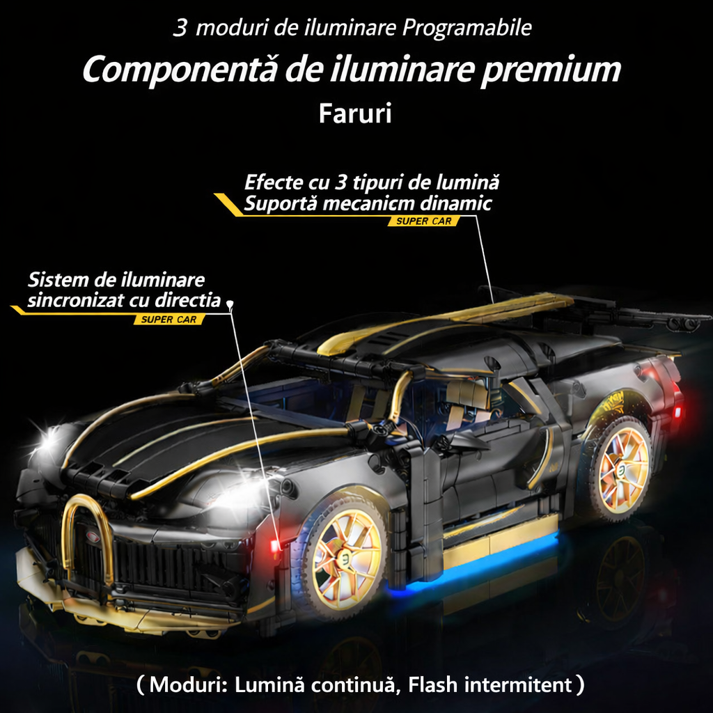 Masina Bugatti din Blocuri de Constructie – RIR@, 1368 Piese, 35 cm, LED, Aplicatie mobila & Telecomanda, 6+