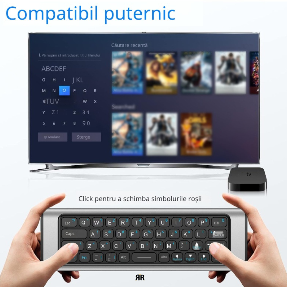 Telecomanda, Air Mouse Wireless RIR X9 cu Tastatură QWERTY pe Spate, Control Cursor Tip Mouse, Bluetooth + 2.4GHz USB, Compatibil Android TV, Smart TV, PC, Laptop