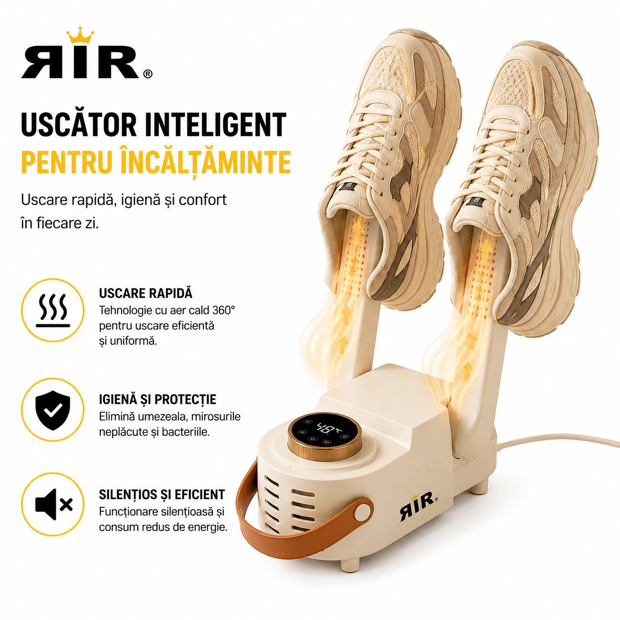 Uscător Electric pentru Pantofi RirBob™ cu Sterilizare și Eliminare Mirosuri, Aer Cald 360°, Timer Inteligent, 150W