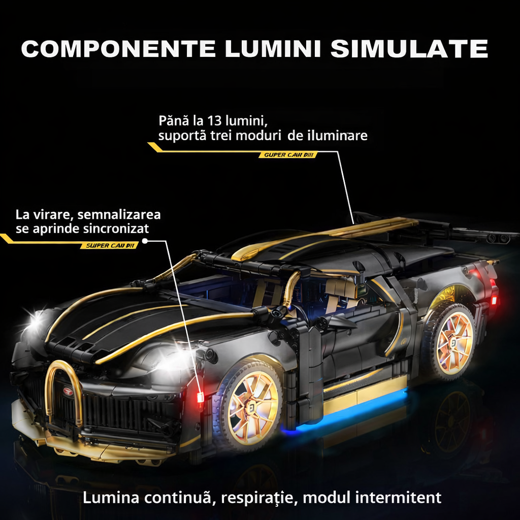 Masina Bugatti din Blocuri de Constructie – RIR@, 1368 Piese, 35 cm, LED, Aplicatie mobila & Telecomanda, 6+