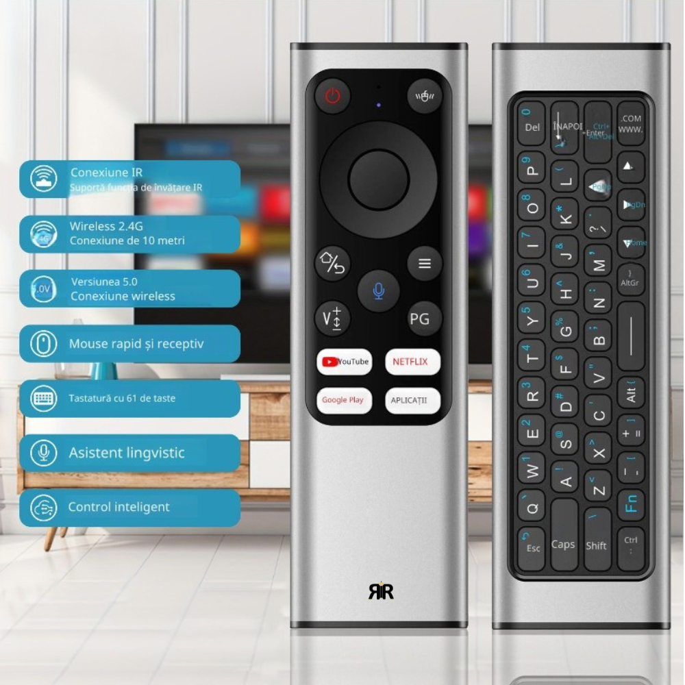 Telecomanda, Air Mouse Wireless RIR X9 cu Tastatură QWERTY pe Spate, Control Cursor Tip Mouse, Bluetooth + 2.4GHz USB, Compatibil Android TV, Smart TV, PC, Laptop