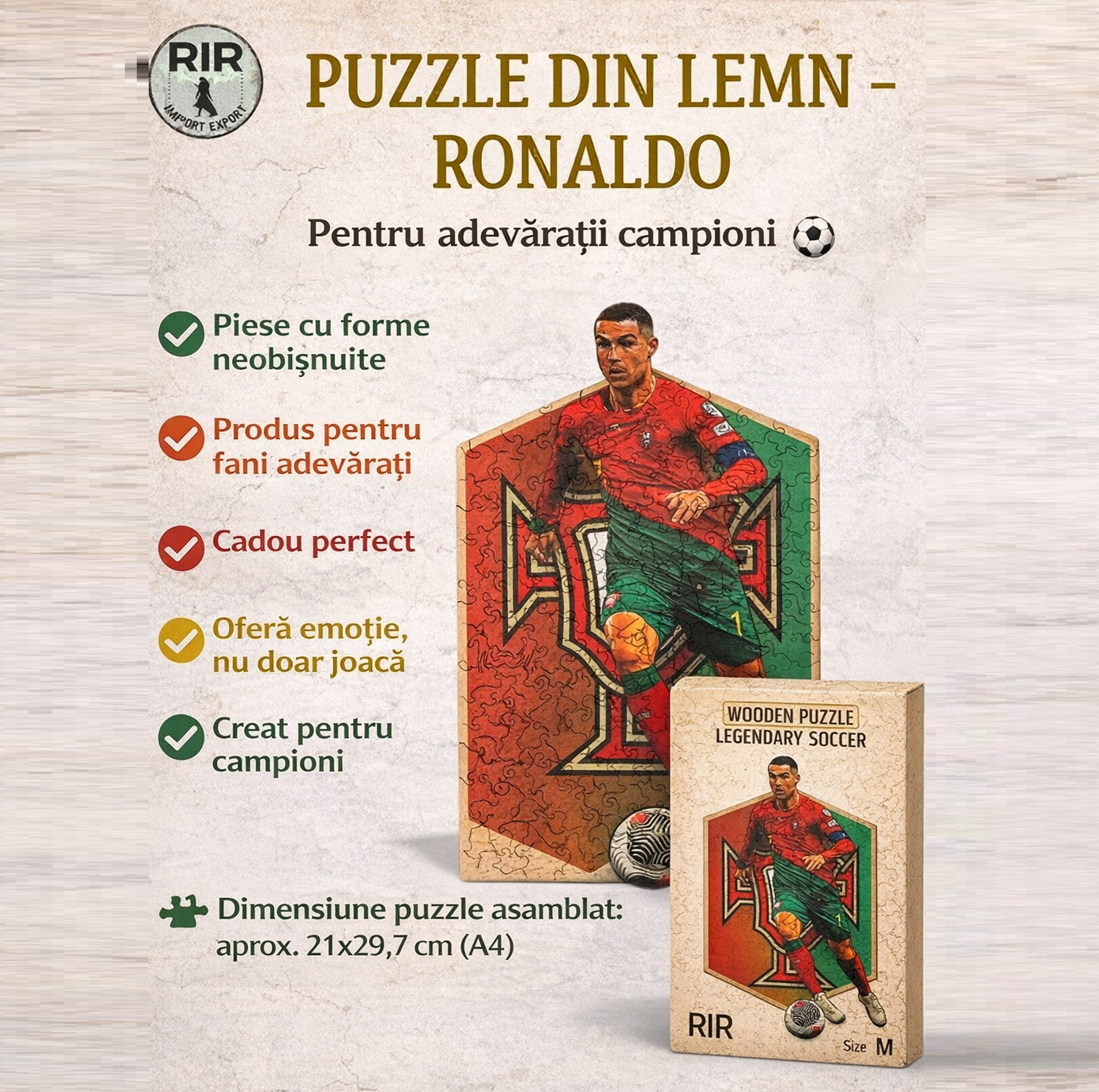 Puzzle 3D din lemn RIR Cristiano Ronaldo, 200 piese, 21x29,7cm
