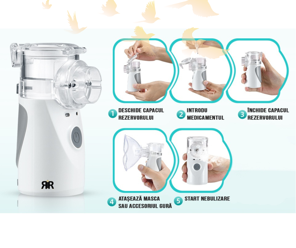 Aparat de Aerosoli Profesional RIR@ MY-135B Pro – Nebulizator cu Tehnologie Mesh Ultrasonica, Validat Clinic- Astm, Bronsita, Alergii