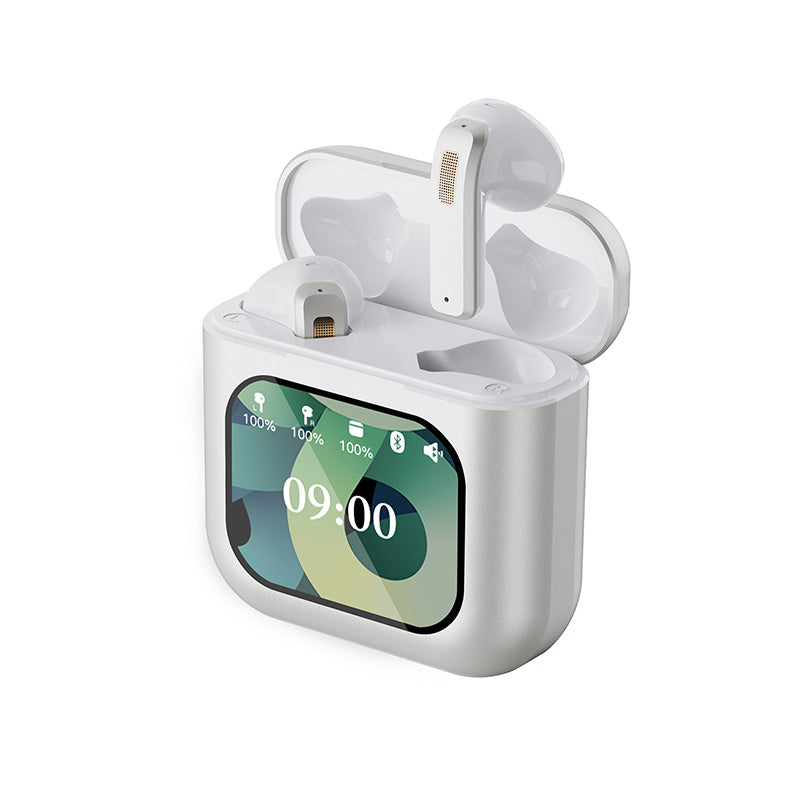 Casti Wireless fara fir RIR@, cu display smart led, Functie apelare, Control foto, Compatibilitate universala, albe