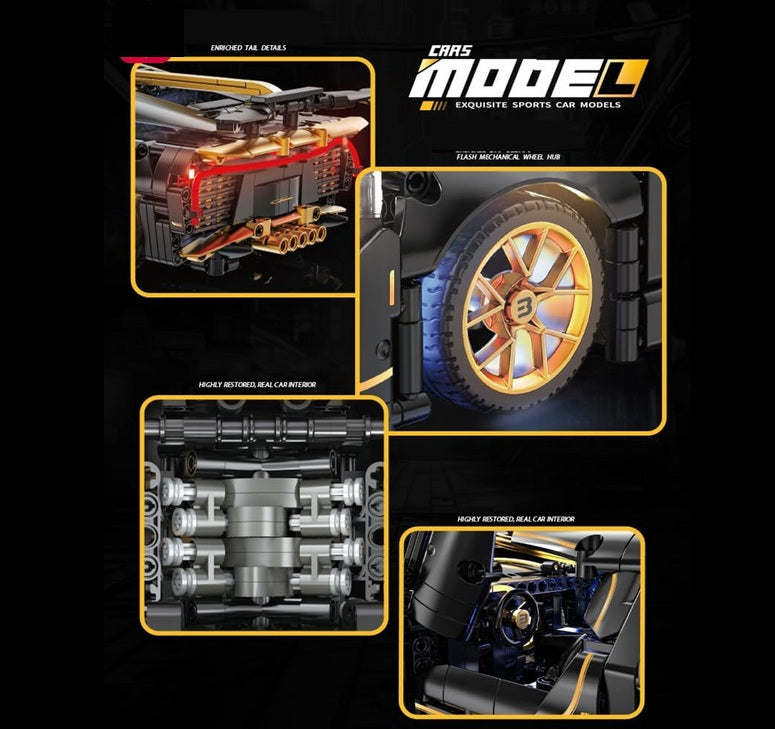 Masina Bugatti din Blocuri de Constructie – RIR@, 1368 Piese, 35 cm, LED, Aplicatie mobila & Telecomanda, 6+