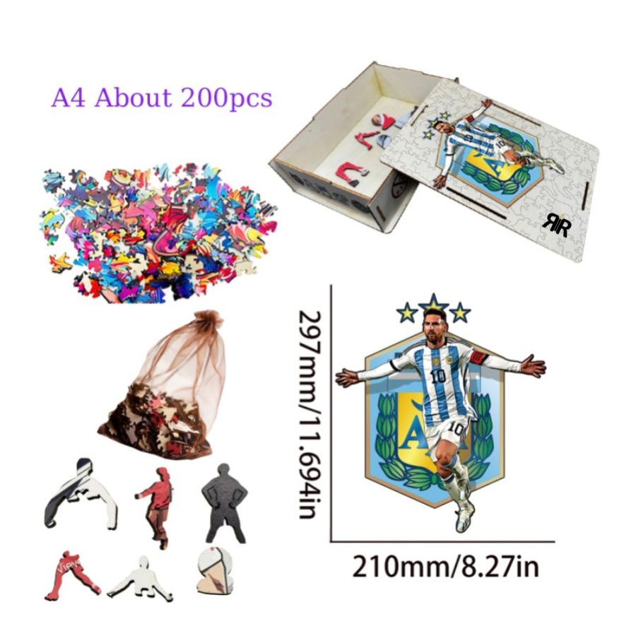 Puzzle 3D din lemn Lionel Messi – Argentina, Legenda fotbal by RIR@, 2-in-1 – Puzzle & Tablou Decorativ