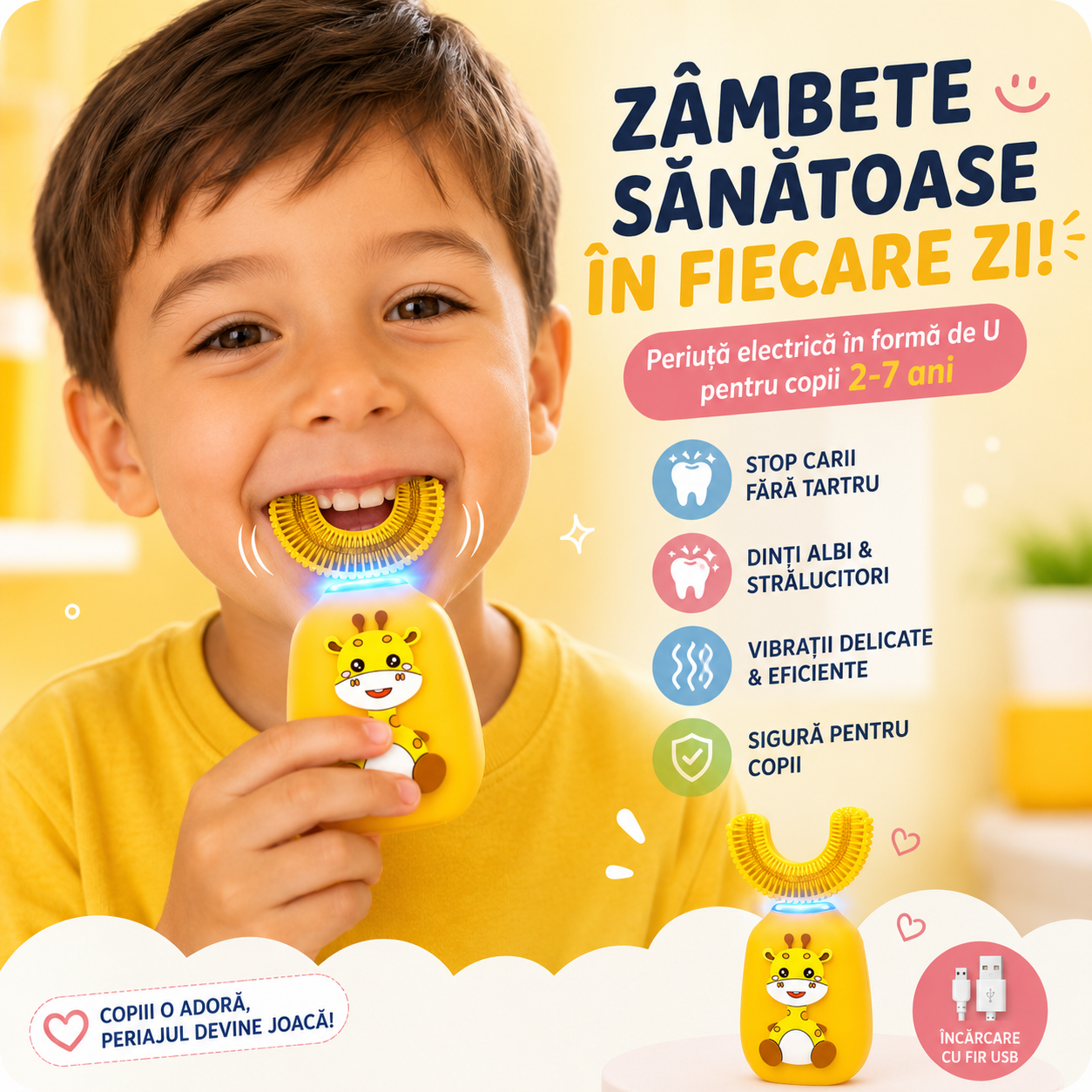 Periuta de dinti electrica pentru copii «RIR», 2-10 ani, micro vibratii, lumina antibacteriana