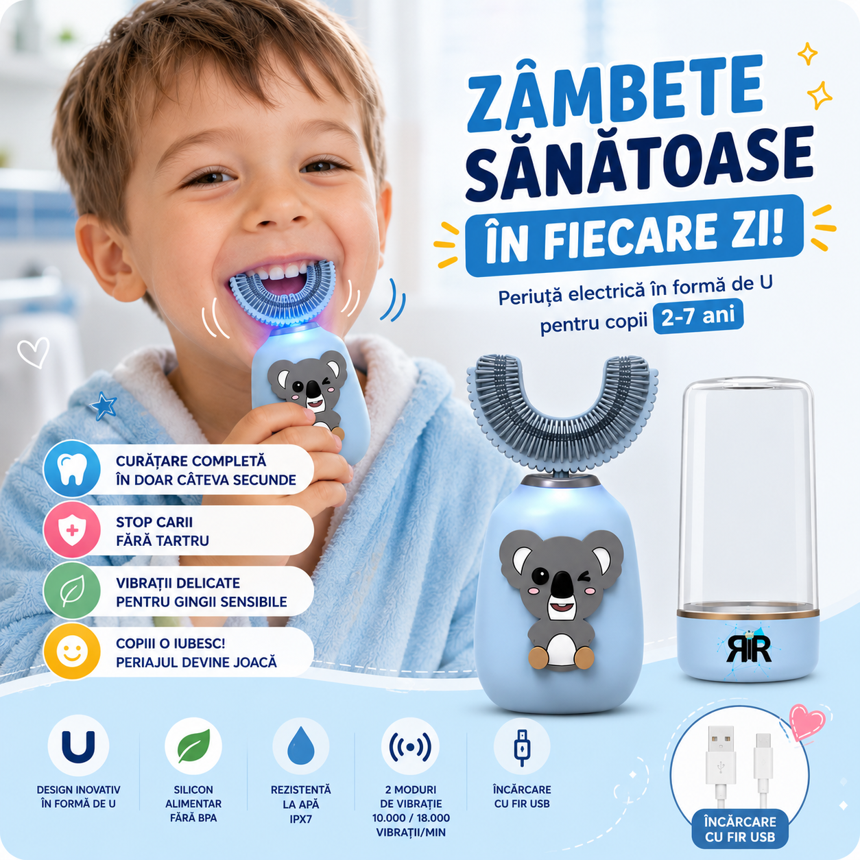 Periuta de dinti electrica pentru copii «RIR», 2-7 ani, micro vibratii, lumina antibacteriana