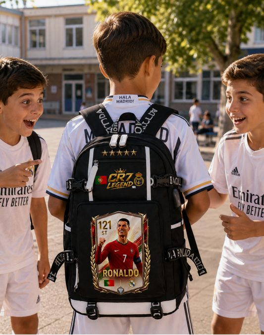 Ghiozdan Scoala si Antrenament RirBob® CR7 Ronaldo Legend, Port USB, Spate Ergonomic, Compartimente Multiple, 45x30x15 cm, Negru