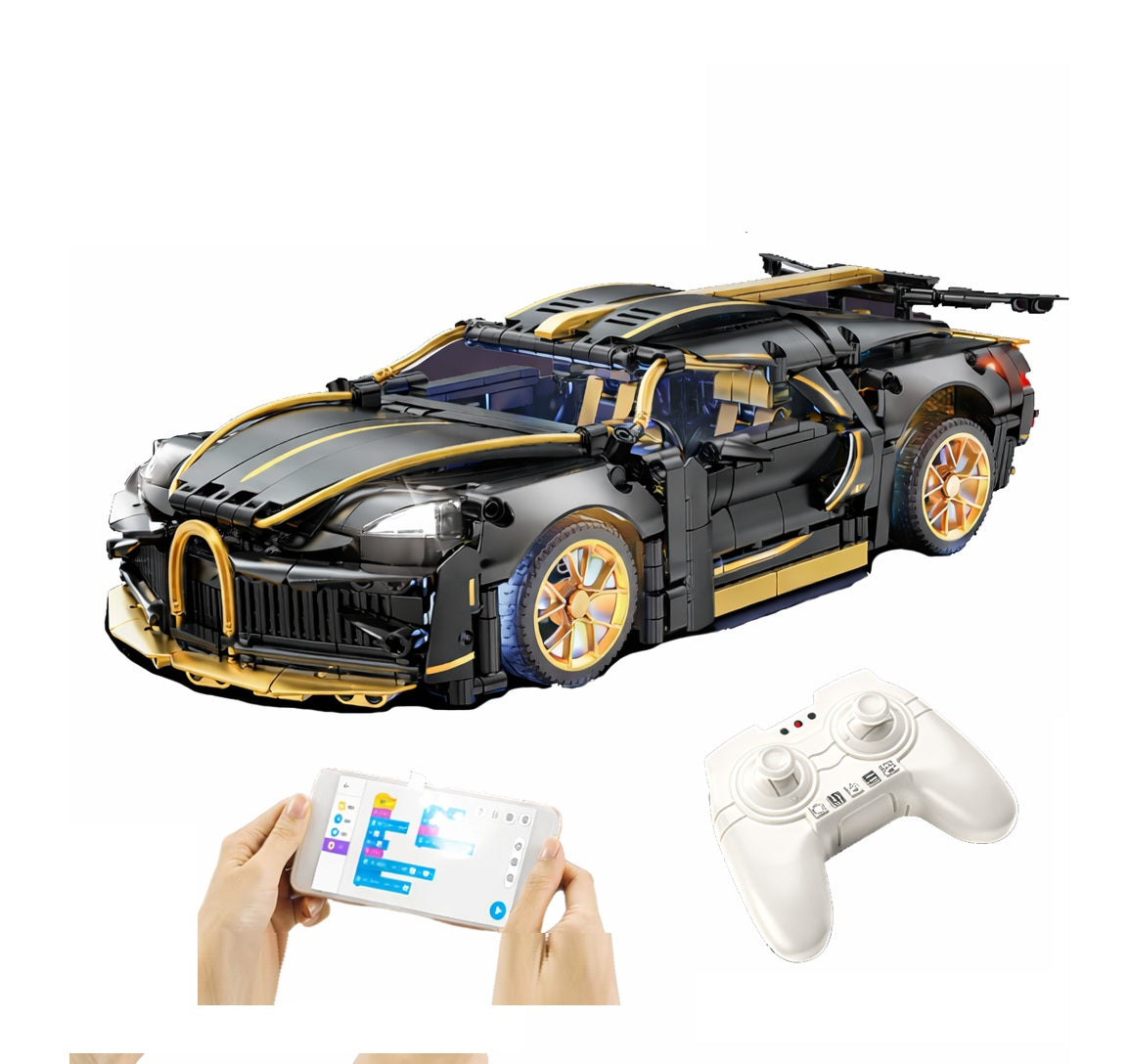 Masina Bugatti din Blocuri de Constructie – RIR@, 1368 Piese, 35 cm, LED, Aplicatie mobila & Telecomanda, 6+