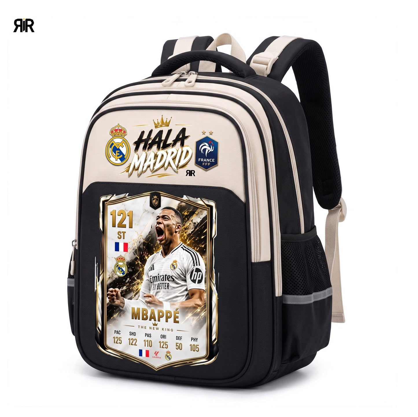 Ghiozdan Școlar Premium RirBob® Mbappe, Real Madrid Edition, Ergonomic, Impermeabil, 3 Compartimente, Bretele Buretate, 42 x 32 x 18 cm, Negru/Crem