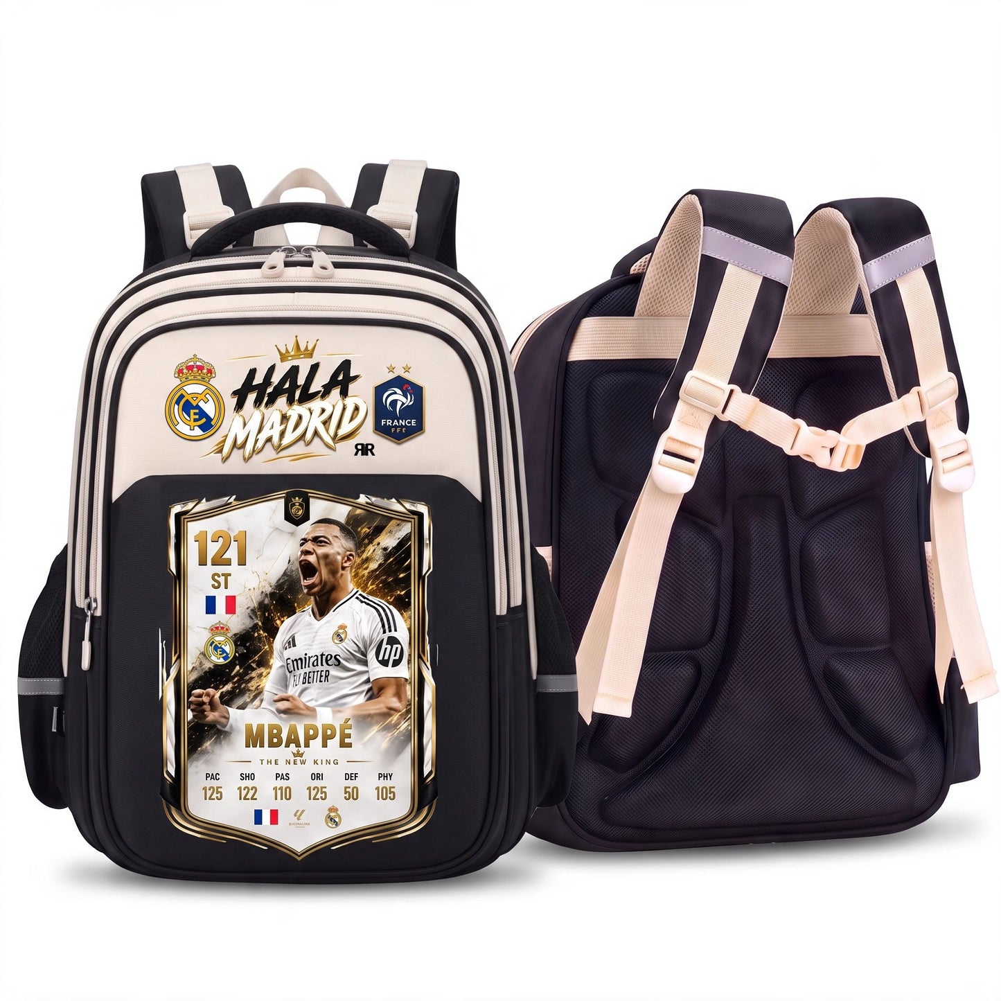 Ghiozdan Școlar Premium RirBob® Mbappe, Real Madrid Edition, Ergonomic, Impermeabil, 3 Compartimente, Bretele Buretate, 42 x 32 x 18 cm, Negru/Crem