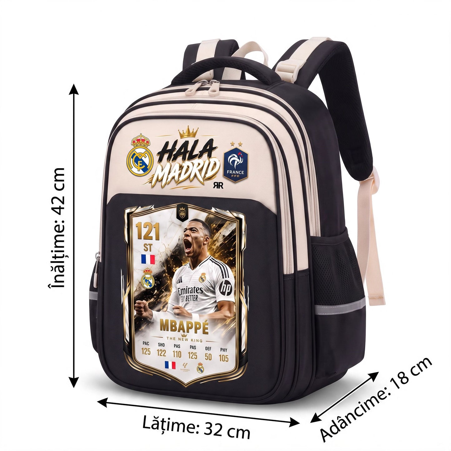 Ghiozdan Școlar Premium RirBob® Mbappe, Real Madrid Edition, Ergonomic, Impermeabil, 3 Compartimente, Bretele Buretate, 42 x 32 x 18 cm, Negru/Crem