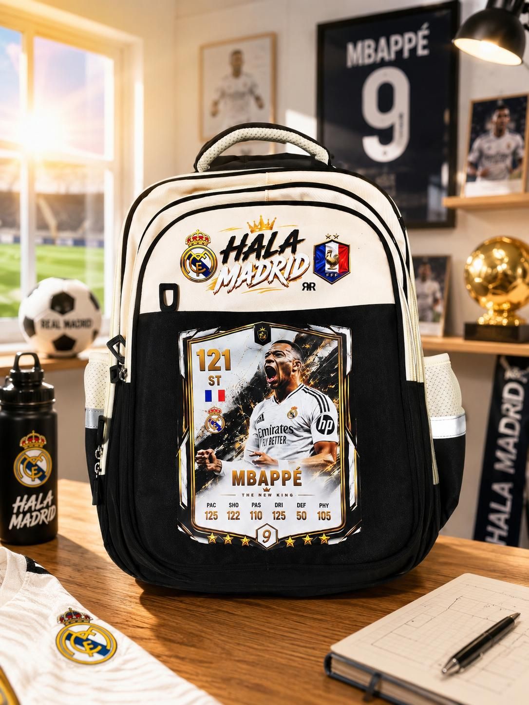 Ghiozdan Școlar Premium RirBob® Mbappe, Real Madrid Edition, Ergonomic, Impermeabil, 3 Compartimente, Bretele Buretate, 42 x 32 x 18 cm, Negru/Crem