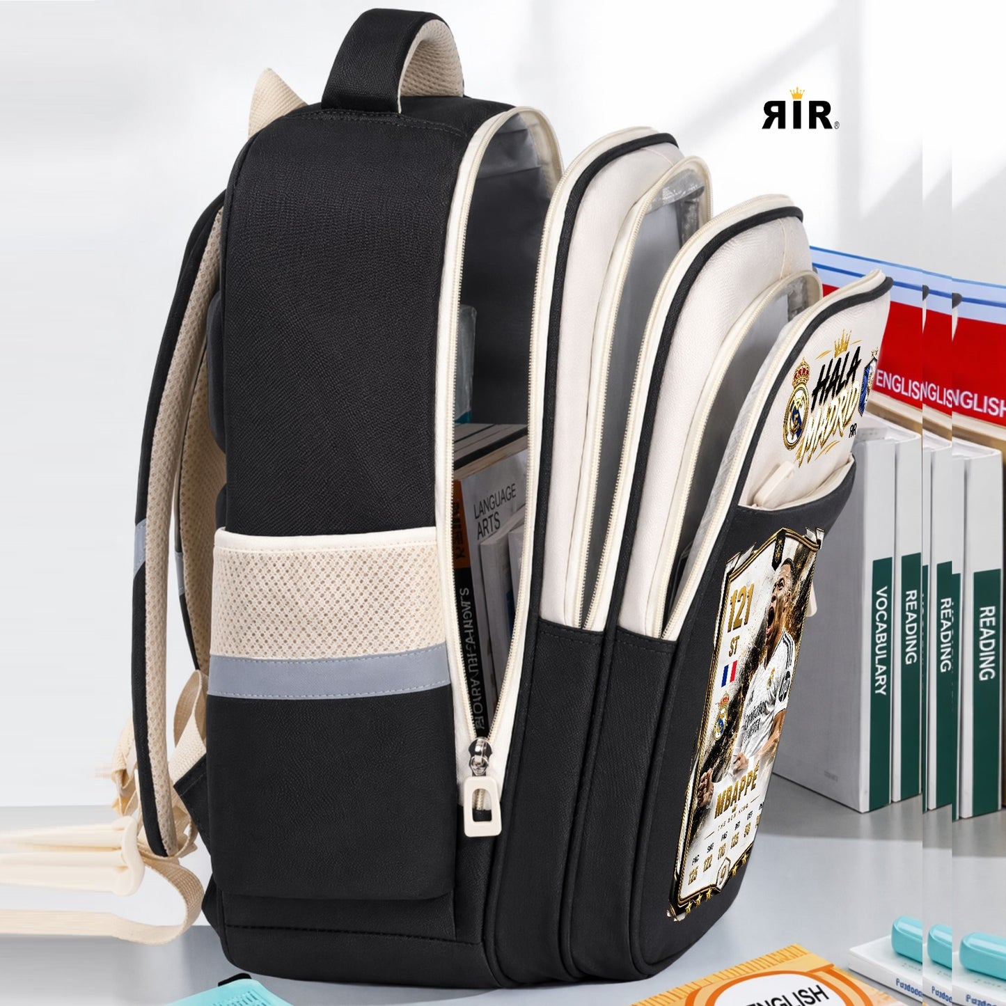 Ghiozdan Școlar Premium RirBob® Mbappe, Real Madrid Edition, Ergonomic, Impermeabil, 3 Compartimente, Bretele Buretate, 42 x 32 x 18 cm, Negru/Crem
