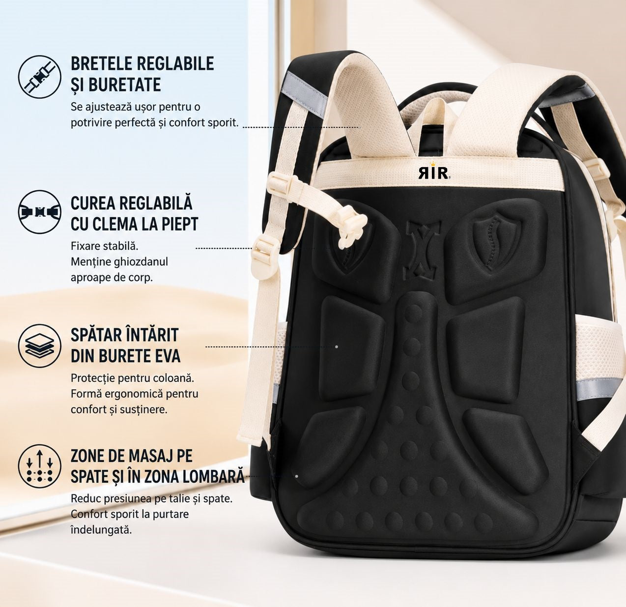 Ghiozdan Școlar Premium RirBob® Mbappe, Real Madrid Edition, Ergonomic, Impermeabil, 3 Compartimente, Bretele Buretate, 42 x 32 x 18 cm, Negru/Crem