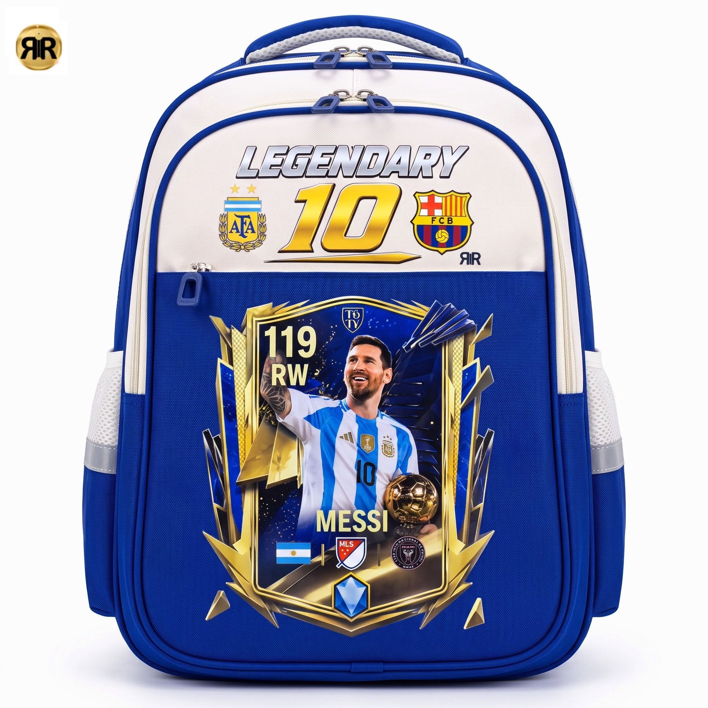 Ghiozdan Școlar Premium RirBob® Messi Legendary 10 Football, Ergonomic, Impermeabil, 3 Compartimente, Bretele Buretate, 42 x 32 x 18 cm, Albastru/Crem