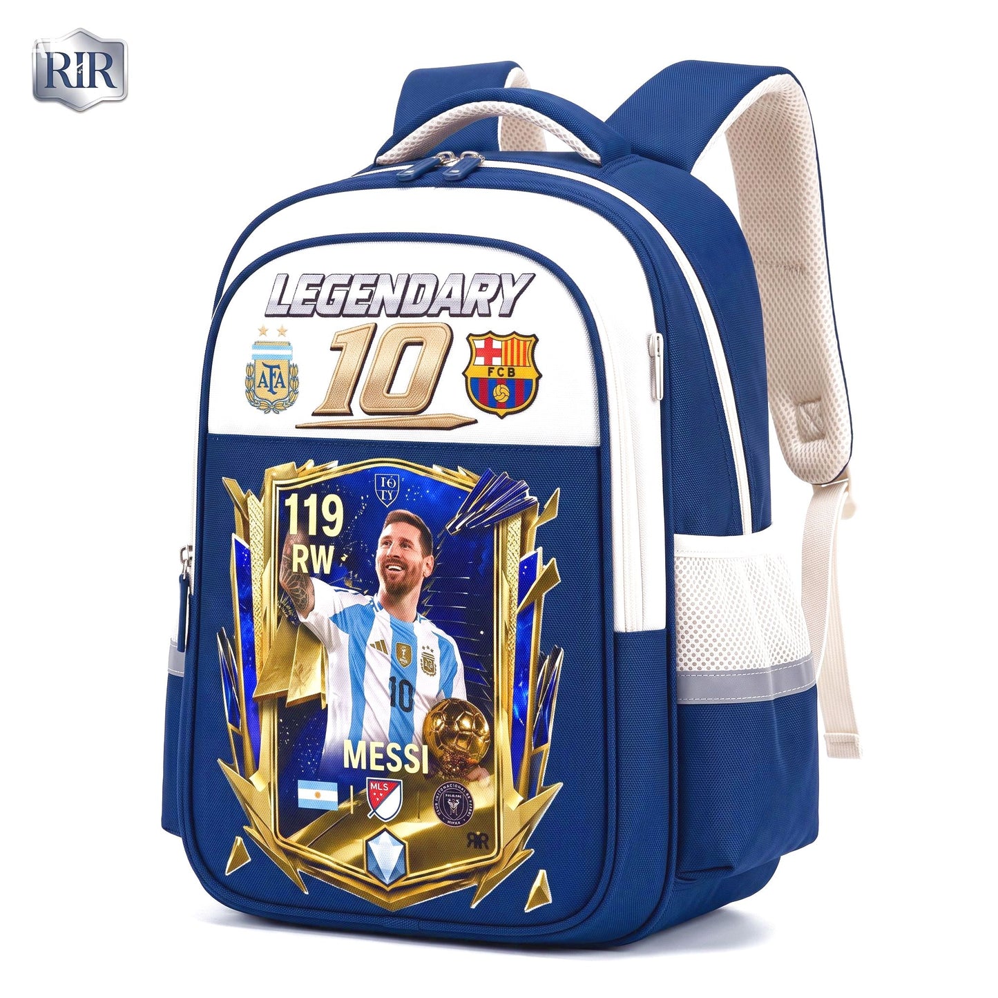 Ghiozdan Școlar Premium RirBob® Messi Legendary 10 Football, Ergonomic, Impermeabil, 3 Compartimente, Bretele Buretate, 42 x 32 x 18 cm, Albastru/Crem