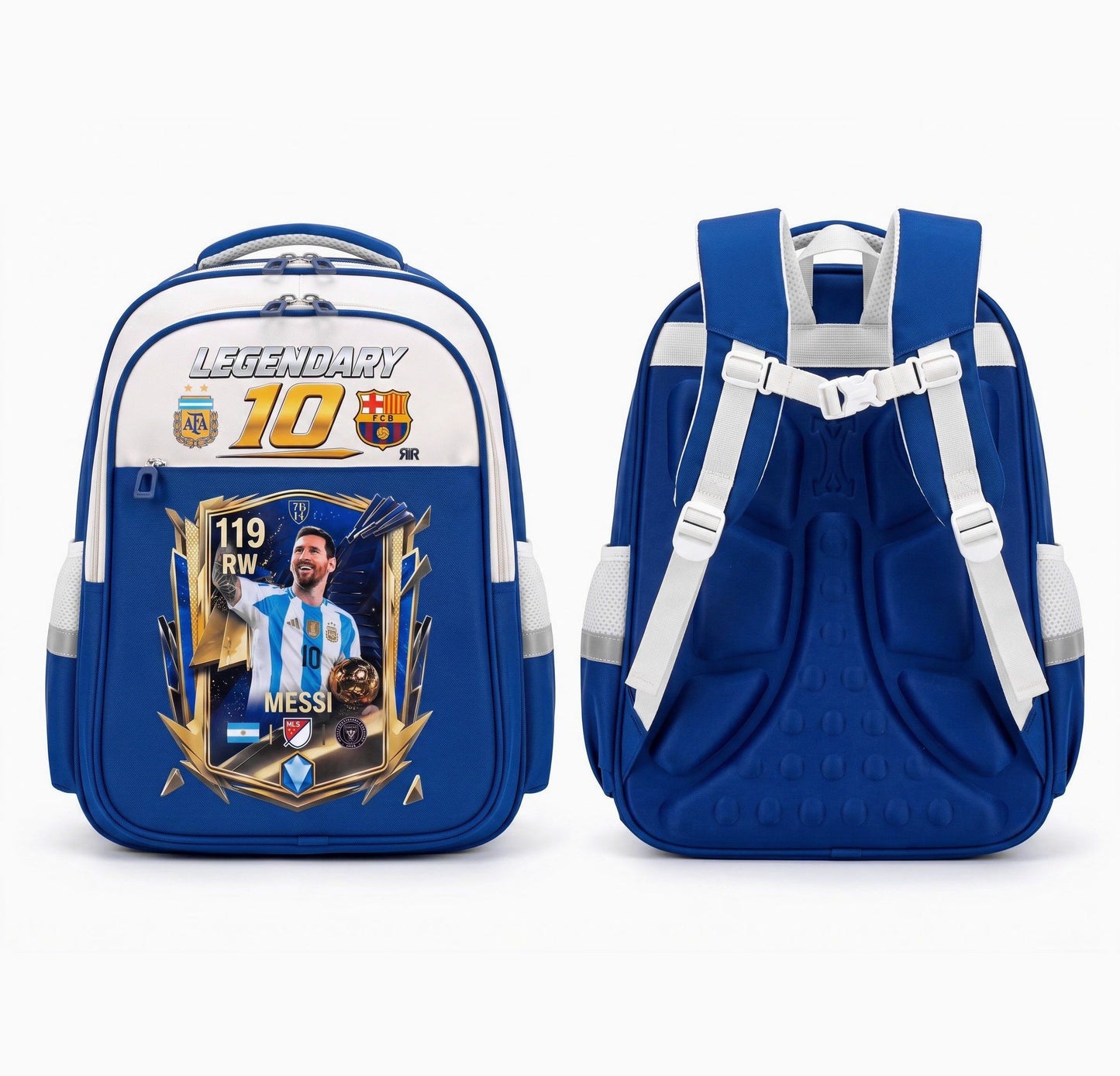 Ghiozdan Școlar Premium RirBob® Messi Legendary 10 Football, Ergonomic, Impermeabil, 3 Compartimente, Bretele Buretate, 42 x 32 x 18 cm, Albastru/Crem