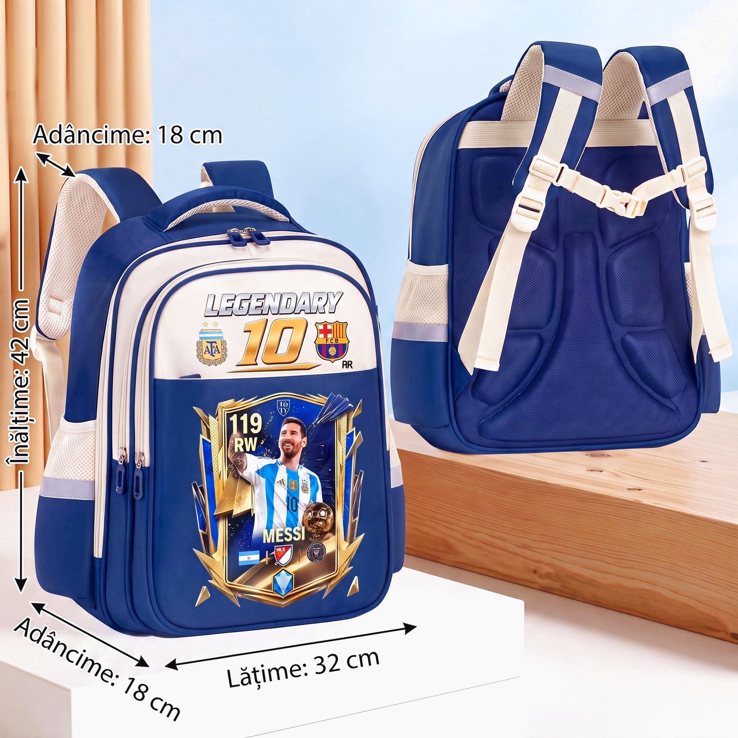 Ghiozdan Școlar Premium RirBob® Messi Legendary 10 Football, Ergonomic, Impermeabil, 3 Compartimente, Bretele Buretate, 42 x 32 x 18 cm, Albastru/Crem