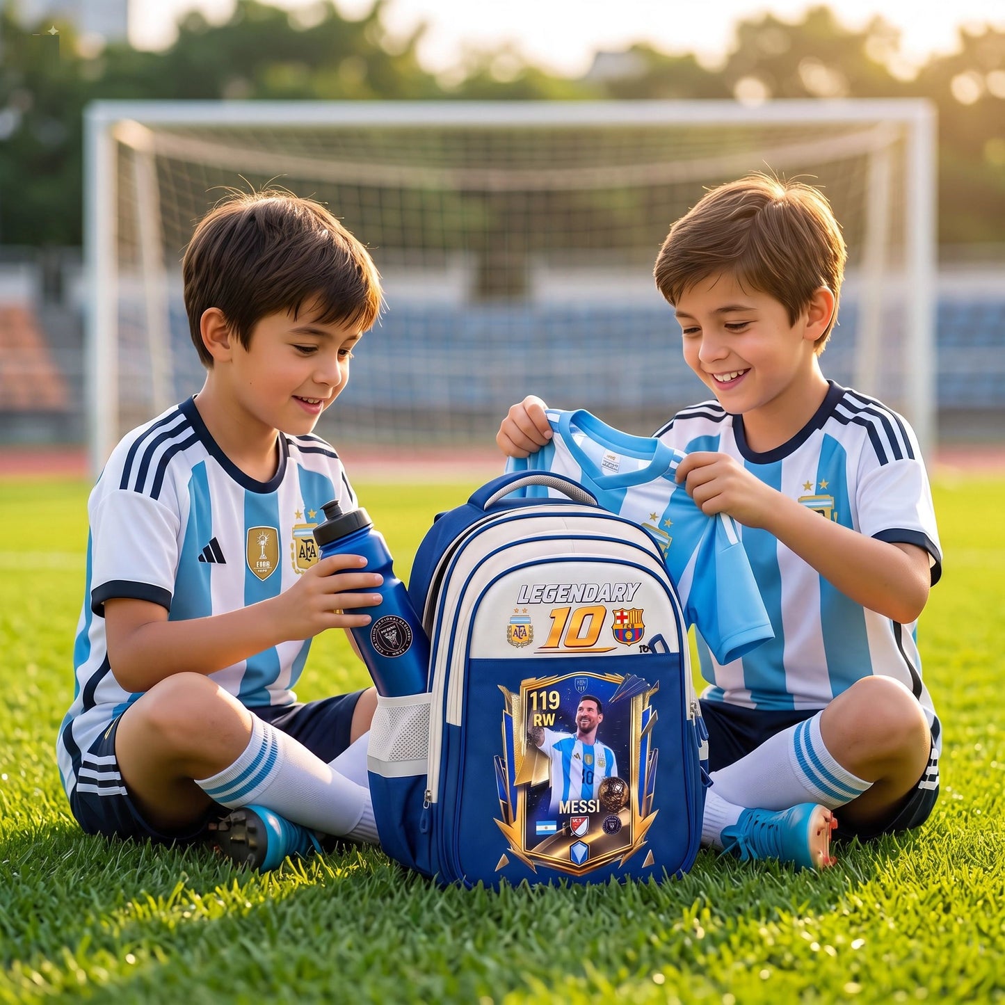 Ghiozdan Școlar Premium RirBob® Messi Legendary 10 Football, Ergonomic, Impermeabil, 3 Compartimente, Bretele Buretate, 42 x 32 x 18 cm, Albastru/Crem