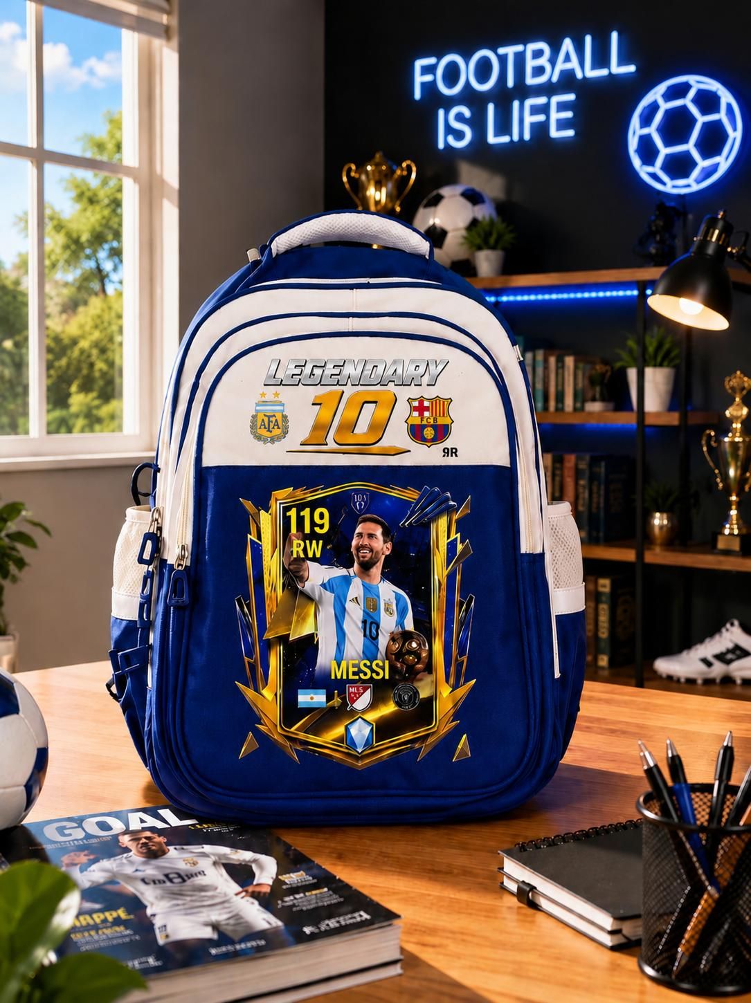 Ghiozdan Școlar Premium RirBob® Messi Legendary 10 Football, Ergonomic, Impermeabil, 3 Compartimente, Bretele Buretate, 42 x 32 x 18 cm, Albastru/Crem