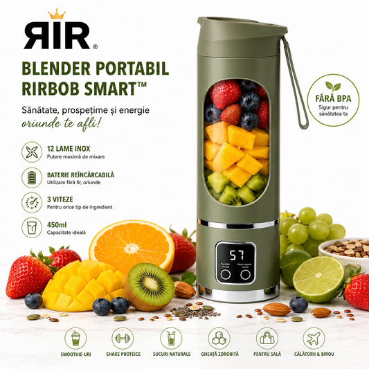 Blender Portabil RirBob™ – 10 Lame Inox, Electric, Reîncărcabil USB-C, 450ml, Fără BPA, pentru Smoothie-uri, Shake-uri și Sucuri Naturale